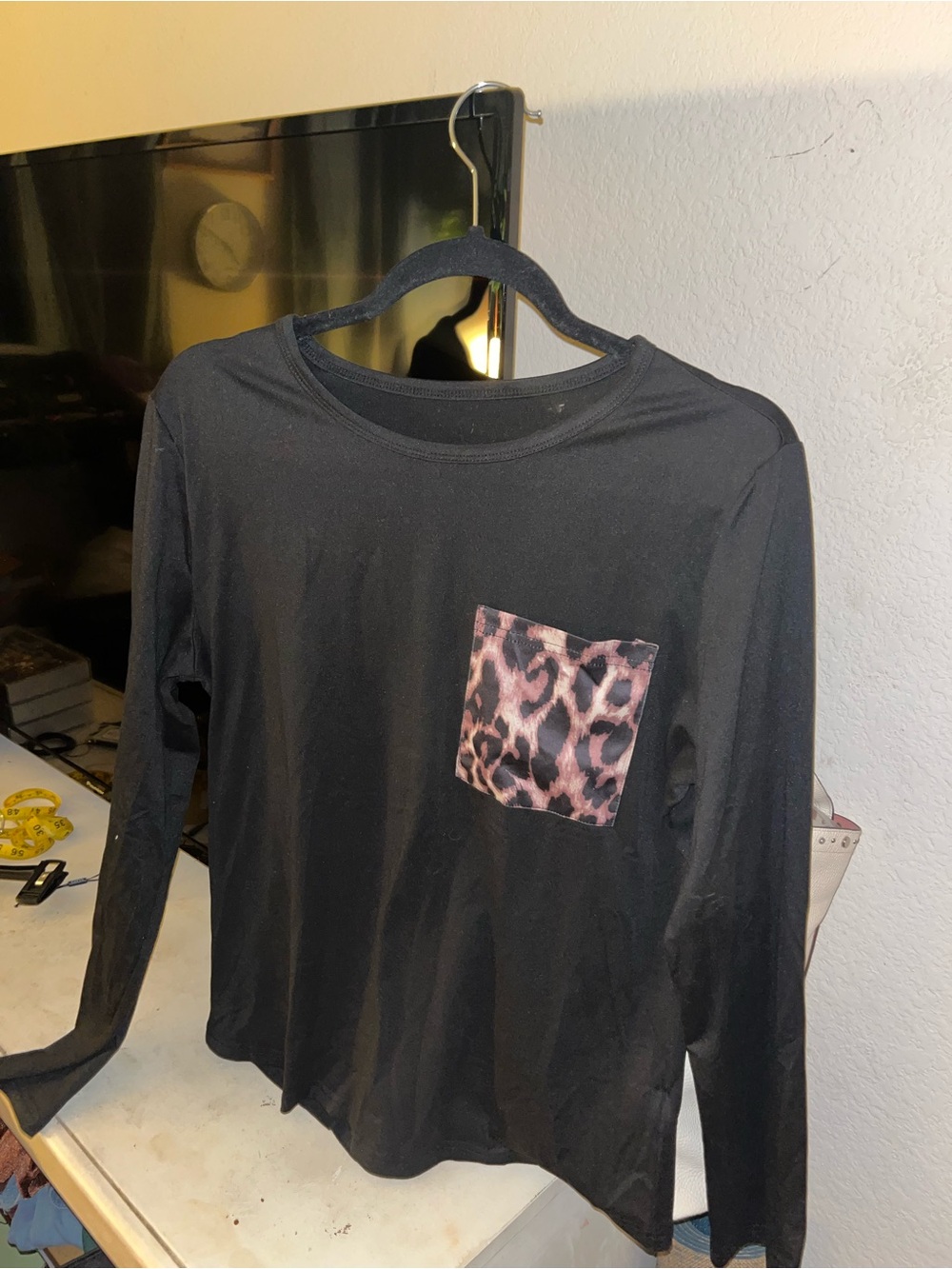 Never Worn Zaful Black Long-Sleeve Top with Leopard Print Pocket